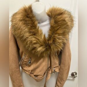 Luxurious Tan Faux Fur Collar Jacket